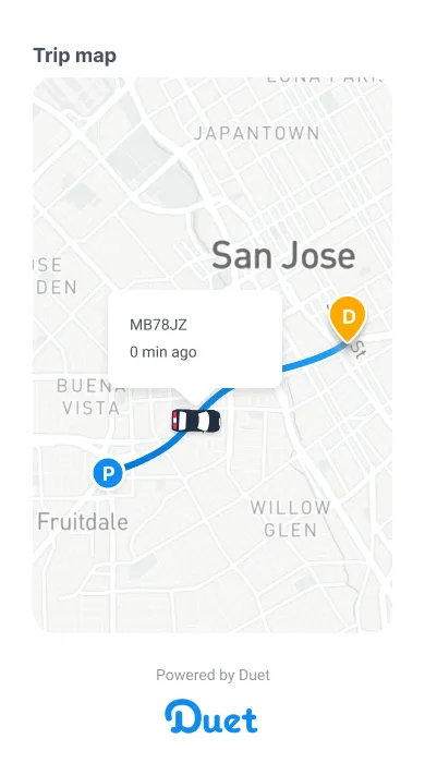 A live Duet tracking link on a phone: the van moving along its route on a map of San Jose