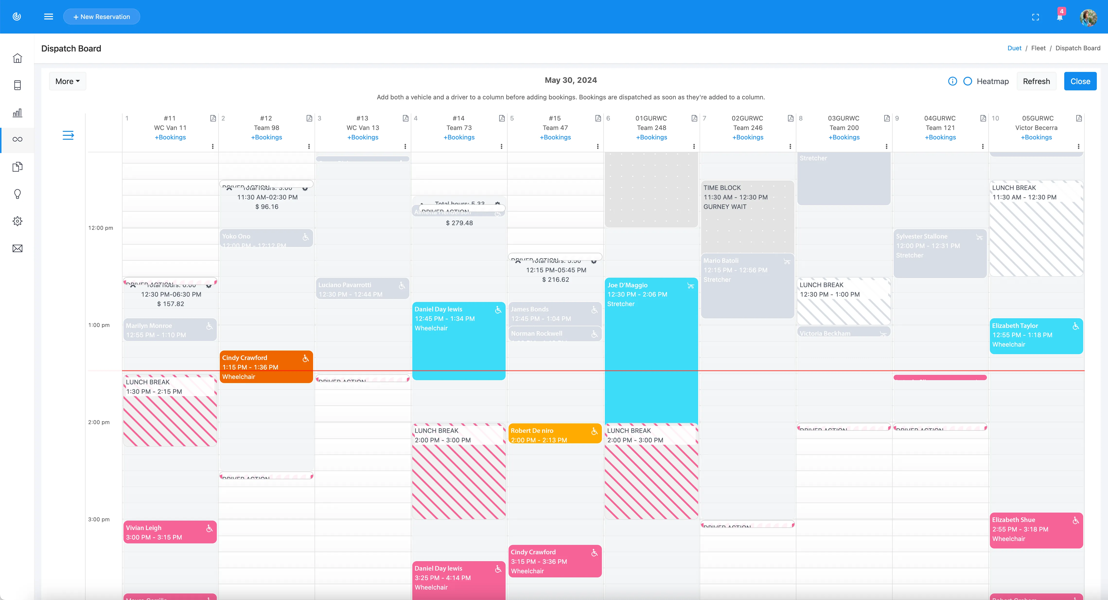 The Duet dispatch board: vehicles and drivers in columns with color-coded bookings through the day