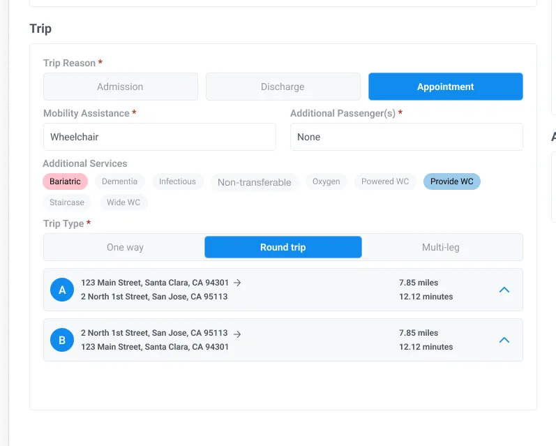 The Duet facility portal: a case manager booking a round-trip wheelchair ride