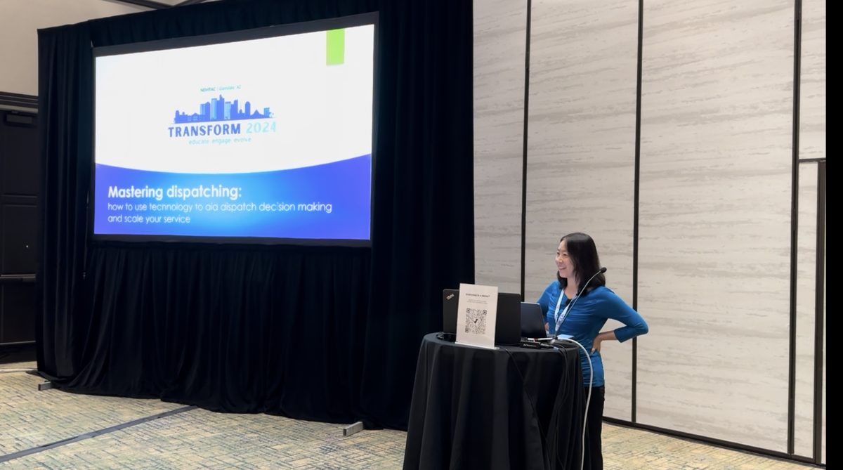 Jing Zhu presenting her Mastering Dispatching talk at NEMTAC Transform 2024
