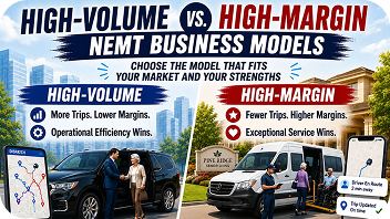 Infographic comparing high-volume and high-margin NEMT business models