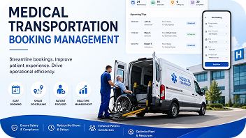 Medical transportation booking management graphic with streamlined bookings and real-time trip updates