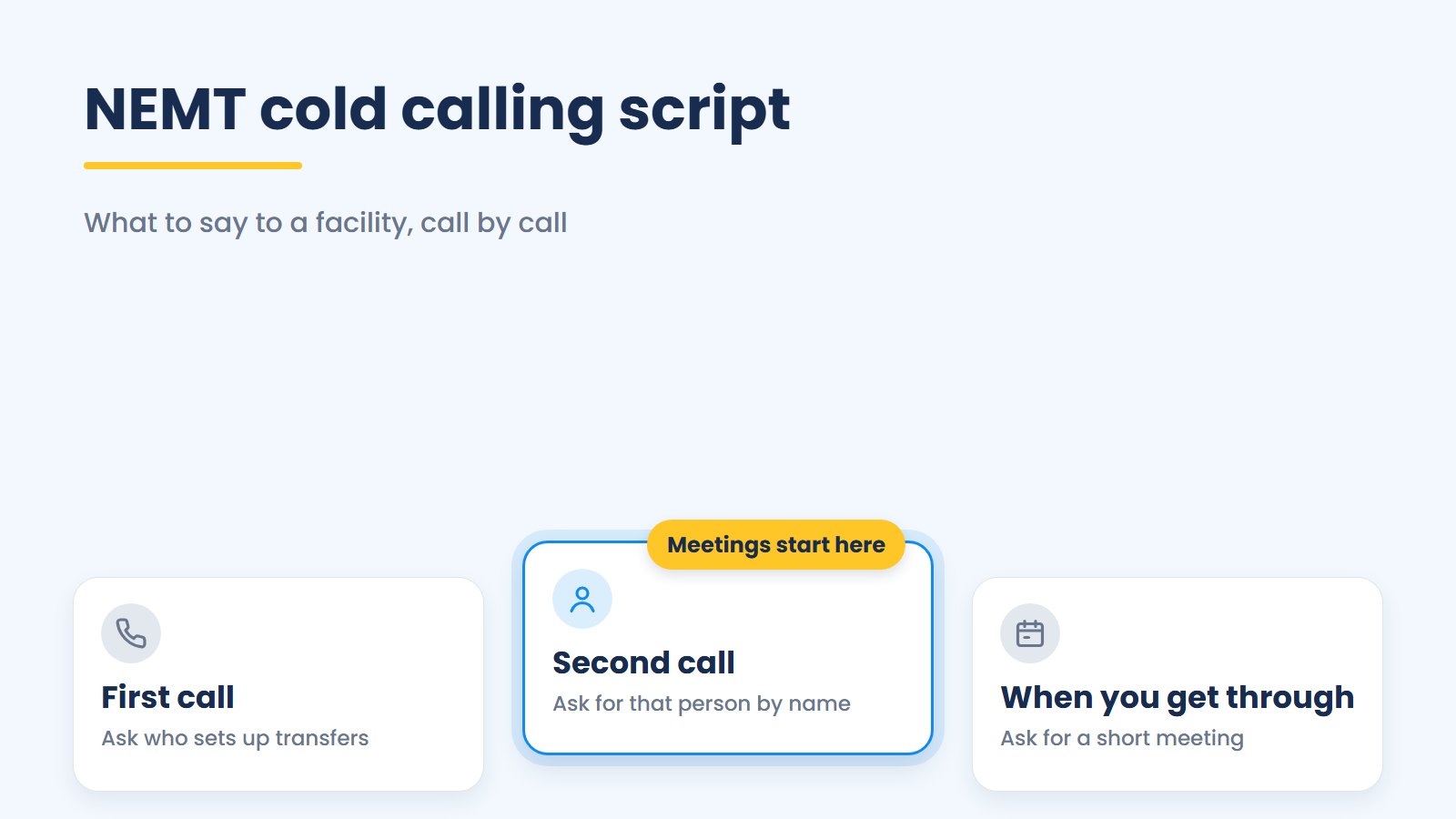 Title card for a NEMT cold calling script: ask who sets up transfers on the first call, ask for that person by name on the second, then ask for a meeting