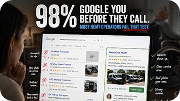 98 percent of clients Google you before they call — mock search results for NEMT providers on a laptop