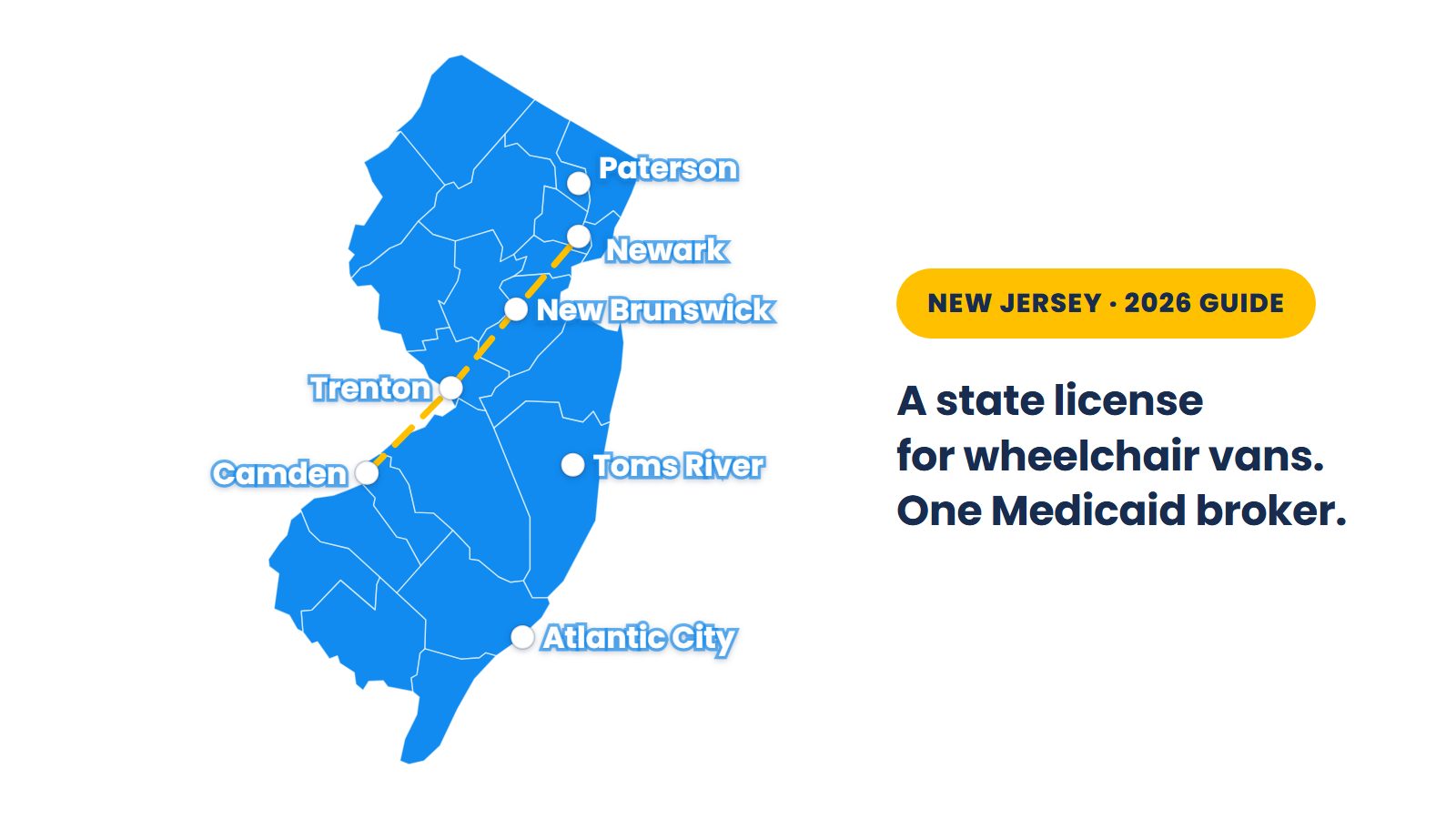 Map of New Jersey's 21 counties: a state license for wheelchair van companies, and one broker booking Medicaid's rides statewide